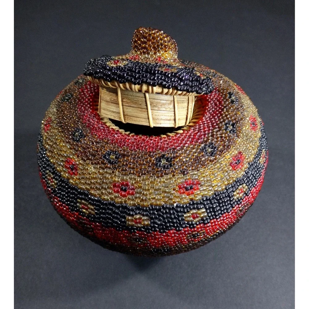 decorative folk art multicolor BEADWORK BASKET w Lid handcrafted Bali Indonesia